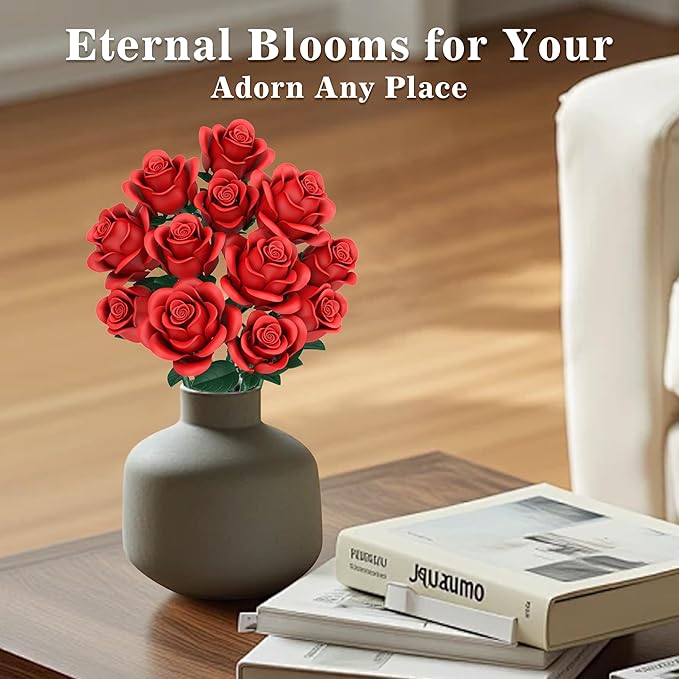 Red Roses Flower Bouquet Building Sets, 670Pcs Artificial Flowers Building Blocks Compatible with Lego Flowers for Adults Christmas Birthday Gifts for Women Mom Valentines Day Gifts