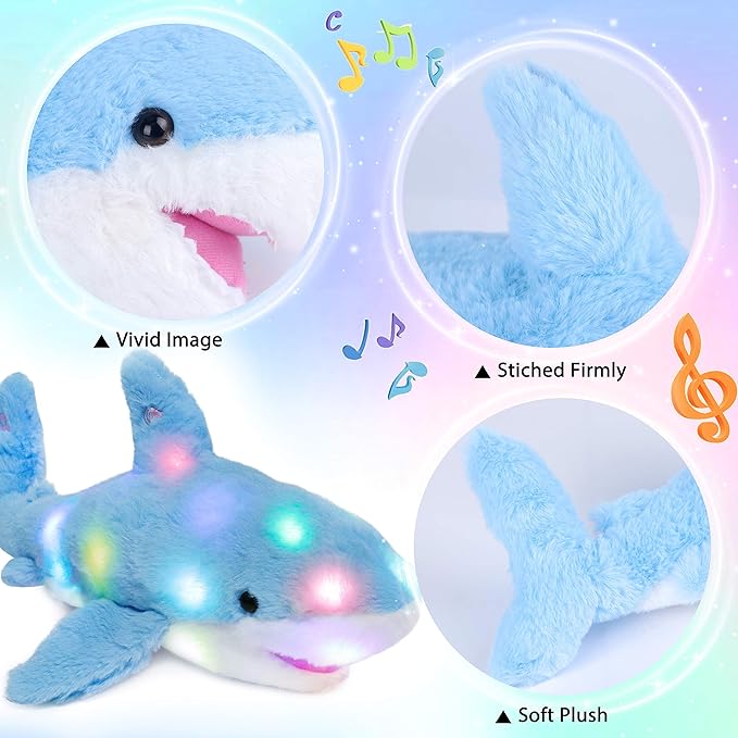 Hopearl LED Musical Stuffed Shark Lighting Up Singing Plush Toy Adjustable Volume Lullaby Animated Soothe Birthday Festival for Kids Toddler Girls, Blue, 16''