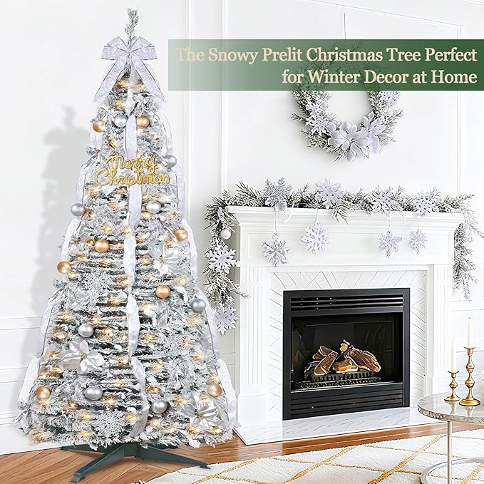 6 Ft Flocked Prelit Pop Up Christmas Tree with Timer & 8 Modes 200 Warm White Lights, Fully Pre-Decorated 80 Gold & Silver Ornaments Collapsible Pull up Xmas Tree with Lights for Indoor Home Decor