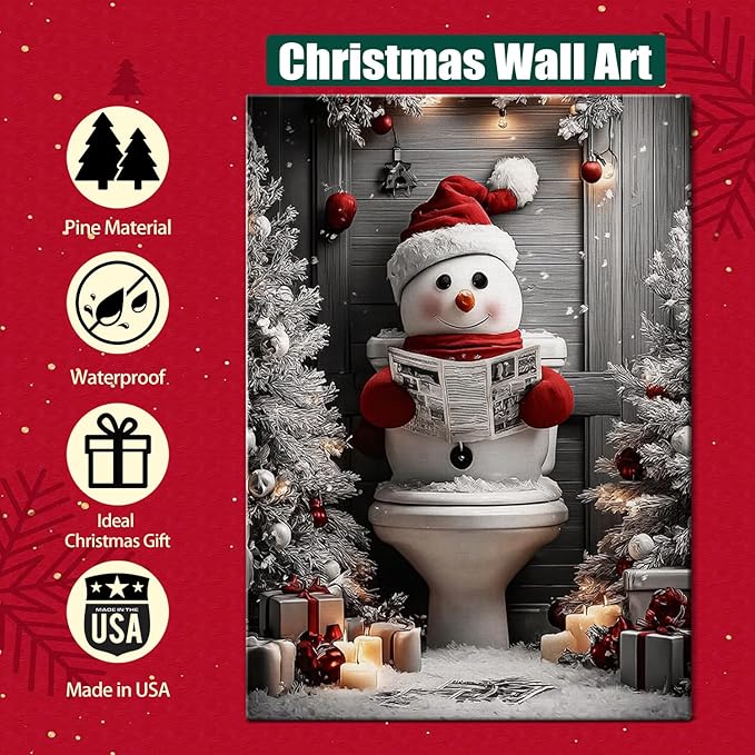AbcCustomize Funny Snowman Christmas Canvas Wall Art, Snowman Reading on Toilet Canvas Prints, Quirky Bathroom Picture for Humorous Christmas Decorations, Holiday Gifts and Winter Decor