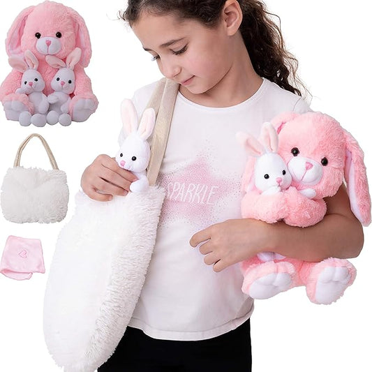 Perfectto Design Easter Gifts for Kids, Stuffed Bunny Toy 5 Pcs - Mommy Stuffed Rabbit, 2 Baby Bunnies and Furry Bag. Soft Easter Bunny Plush Gift for Kids 3-5