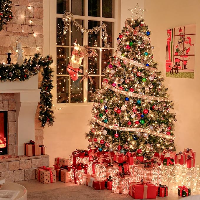 Hykolity 7.5 ft Prelit Christmas Pine Tree, Artificial Christmas Tree with 450 Warm White Lights, 1580 PVC Branch Tips, Metal Stand and Hinged Branches for Decoration, Party