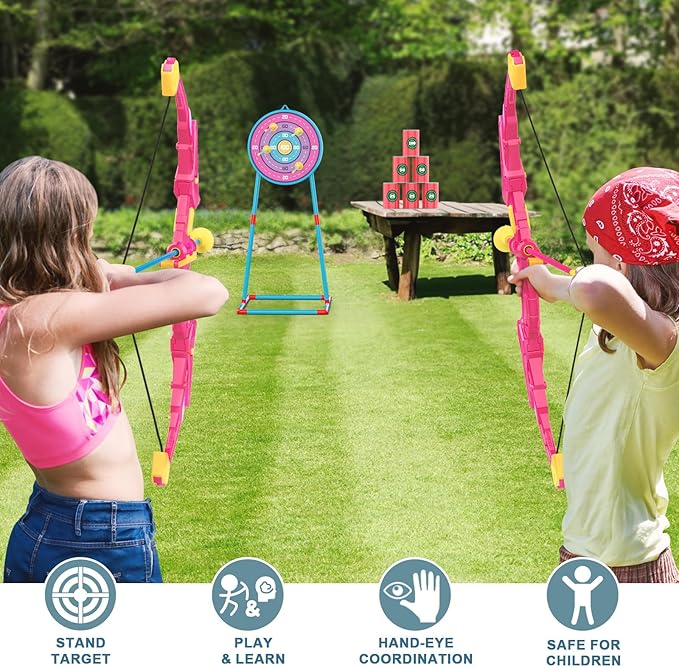 2 Pack Kids Bow and Arrow Set, Pink Light Up Archery Toy Set, 2 Foam Dart Guns & 6 Target Cans Toys for Ages 5-7, Kids Indoor Outdoor Birthday Gifts Ideas for Boys Girls 4 5 6 7 8 9 10 Year Old
