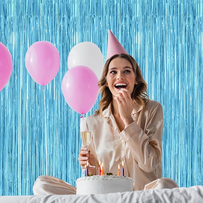 4 Pack Party Decorations, 3.28 FT x 7.05 FT Blue Foil Streamers, Metallic Sky Blue Backdrop Fringe Curtains Bithday Back Drop, Winter Backdrop for Party Supplies Door Decor Hanging