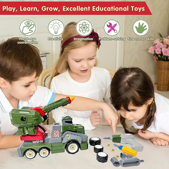 11inches Large Take Apart Trucks Army Toys for Boys Girls Kids 3-10 Year Old Missile Vehicles Anti Aircraft Trucks Toys with Electric Drill Assembly Toy