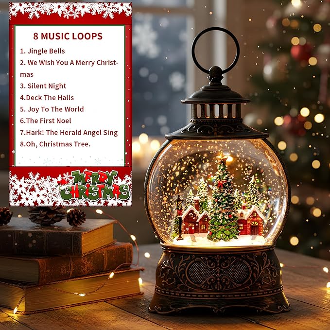 Christmas Village Snow Globe Lighted Christmas Tree and Village Scene, Musical Snow Water Lantern Swirling Glittering Home Decoration and Gift, Battery Operated or USB Powered