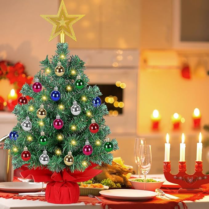 24 Inch Pre-lit Artificial Christmas Tree with 50 LED Lights, 8 Lighting Modes & Timer | Includes Star Topper and 30 Ornaments | Battery Powered Tabletop Decor for Home, Office