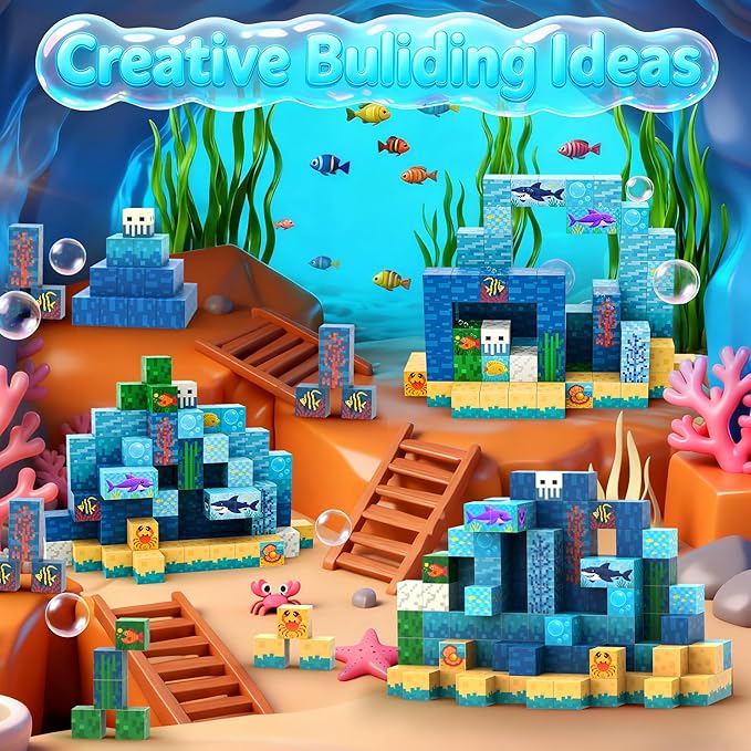 100 PCS Magnetic Blocks for Kids Ages 3 4 5 6 7 8 9 10, STEM Sensory Ocean Magnetic Toys, Christmas Birthday Gifts for Toddlers Boys & Girls