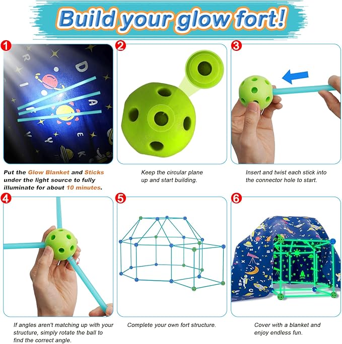 160PCS Kids Fort Building Kit Glow in the Dark Build a Fort with Blanket STEM Educational Toys for 4 5 6 7 8 9 10 11 12 Years Boys Girls Ultimate Construction Gift DIY Forts Builder Set Indoor Outdoor