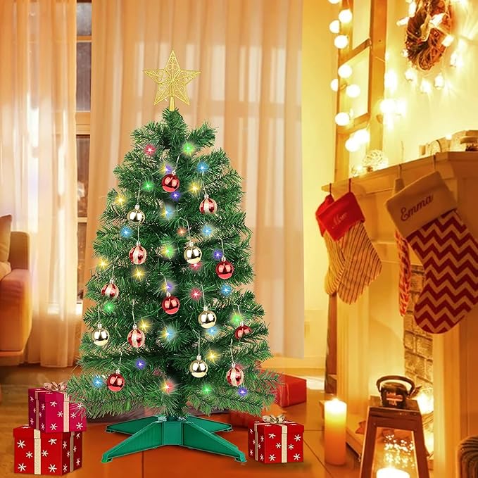 3 Ft Green Christmas Tree Tinsel Dual Color Change 12 Modes Timer DIY 50 Warm White & Colored Lights 15 Ball Ornaments Star Battery Operated Small Artificial Full Xmas Tree Table Indoor Holiday Decor