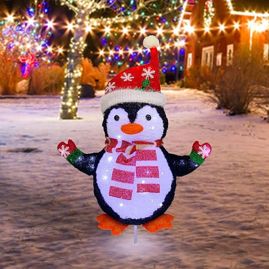 Lighted Penguin Outdoor Christmas Decorations, Pop-Up Christmas Penguin Outdoor Décor Prelit 60 Lights, Collapsible Light Up Red Penguin Christmas Decorations for Home Porch, Yard, Garden-Red