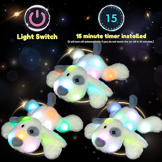 Hopearl LED Plush Puppy Lighting Up Stuffed Animal Dog Floppy Pup Night Lights Glow in The Dark Birthday Festival for Kids Toddler Girls, White, 14''