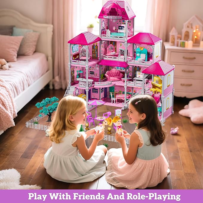 4-Storey House for Girls Ages 3-7, Villa Playset with 2 Dolls and 12 Room, Furniture and Accessories, Pretend Indoor Playset Toddler Toys, Birthday Girls Toys for Ages 4-8 6-8