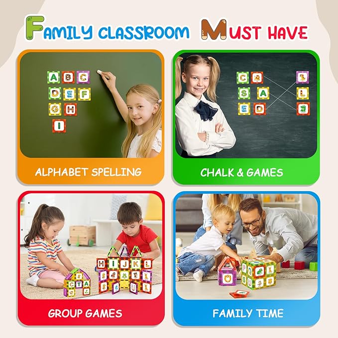 Magnetic Tiles Letters Learning Toys, Animals Alphabet ABC Magnets for Kids 1-3 2-4 3-5 4-8, Toddlers Classroom Must Haves 48PCS Stacking Toys, Homeschool Essentials for Preschool Spelling Game