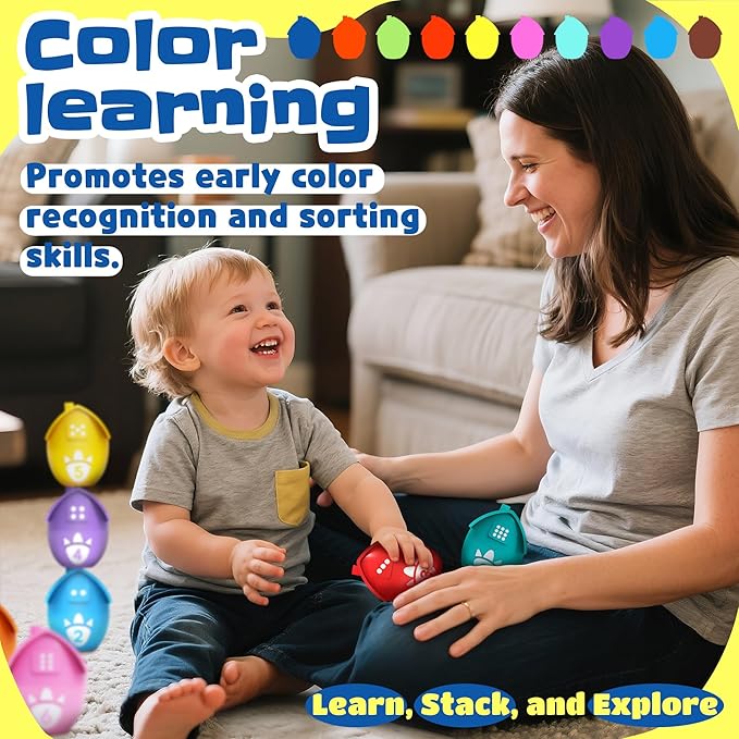 Learning Toys for Toddlers 1 2 3 Years Old-Matching Egg Toys with Dino Finger Puppet for Montessori Learning, Counting, Stacking, Sorting-Easter Christmas Birthday Gift for Baby Boys Girls