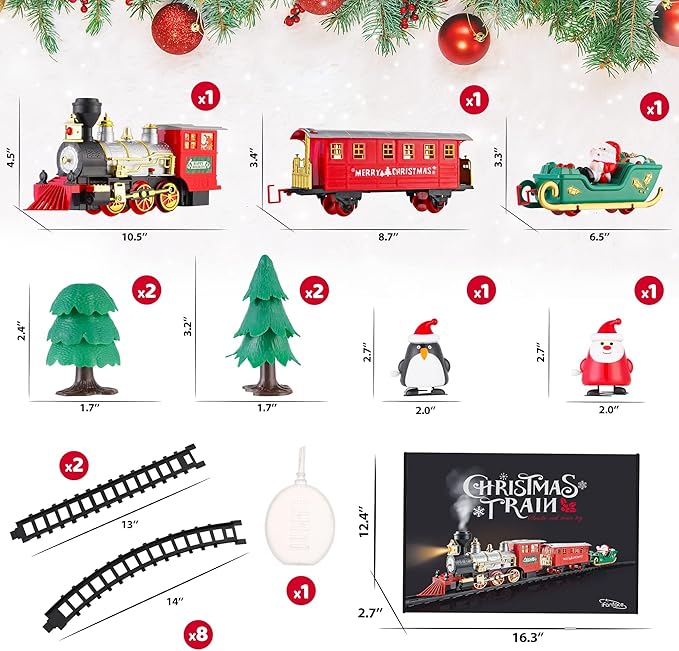 Electric Toy Train Set Around Christmas Tree, Classical Locomotive Engine w/Smokes, Lights & Sounds, Santa Claus Figure as Decoration, Gift for Kids Ages 3 and Up Boys Girls Toddler Children Presents