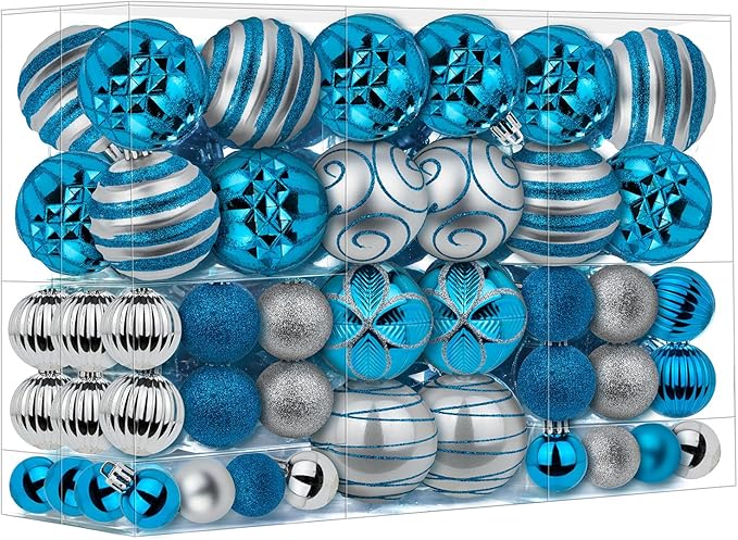 100Pcs Christmas Ball Ornaments Set, Shatterproof Plastic Blue and Silver Christmas Ornaments for Xmas Tree, Assorted Baubles Hanging Decorations for Holiday/Party/Wedding