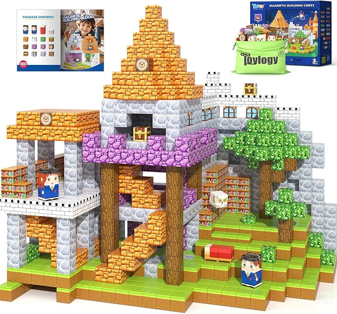 100PCS Magnetic Blocks-Build Mine Magnet World Magic School Edition, Magnetic Kids Building Toys for Toddler Kids Ages 3-5 4-8 6-8, Birthday Gifts for 3+ Boys&Girls