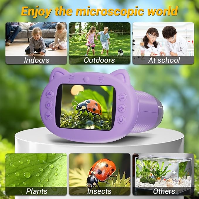 2.4" Screen Pocket Kids Microscope: 1000X Handheld Microscope for Photo and Video - Portable Science Kits STEM Toys – Christmas/Birthday Gifts for Girls & Boys Ages 3-12(Purple)