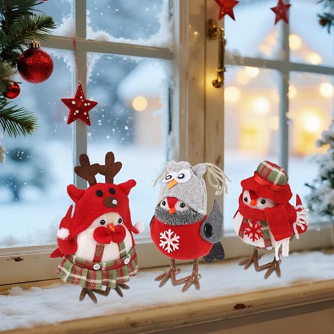 3 Pack 6 Inch Christmas Table Decorations - Small Bird Figurines, Red Cute Xmas Ornaments for Table Top, Desktop, Mantel, Kitchen Decor, Holiday, Winter Party Gifts