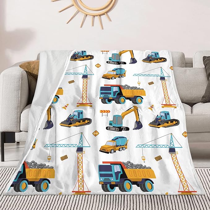 Construction Truck Blanket Boys Excavator Throw Soft Fuzzy Flannel Tractor Blanket for Bed Couch Sofa Decor Blankets Trucks Car Lover Toddler Kids Blankets Gifts 80"x60"