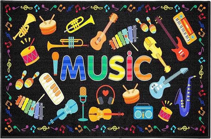 Music Classroom Rug Carpet 6'5"x10' Music Room Rug Kids Room Guitar Carpet Non Slip Washable Soft Black Classroom Playmat for Elementary, Preschool, Nursery, Playroom