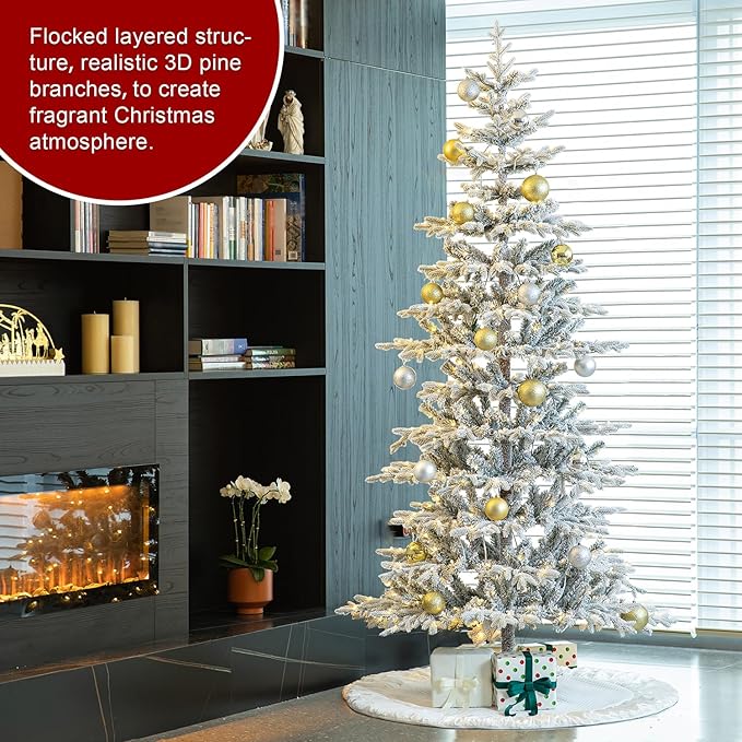 Glitzhome Christmas Tree with Lights, 8ft Deluxe Flocked Artificial Prelit Christmas TRE with 1523 PE&PVC Branch Tips, Majestic Frostfall Fir Hinged Xmas Tree w/450 Warm White Lights, Easy Assembly