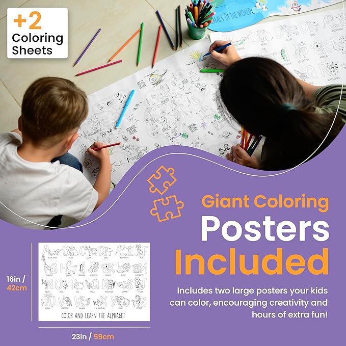 48 Piece Puzzles for Kids Ages 4-6 - Floor Puzzles for Kids Ages 3-5 - Preschool Learning Toys - World Map Puzzle - Educational Toys for 3 Year Old - Includes Two Giant Coloring Posters