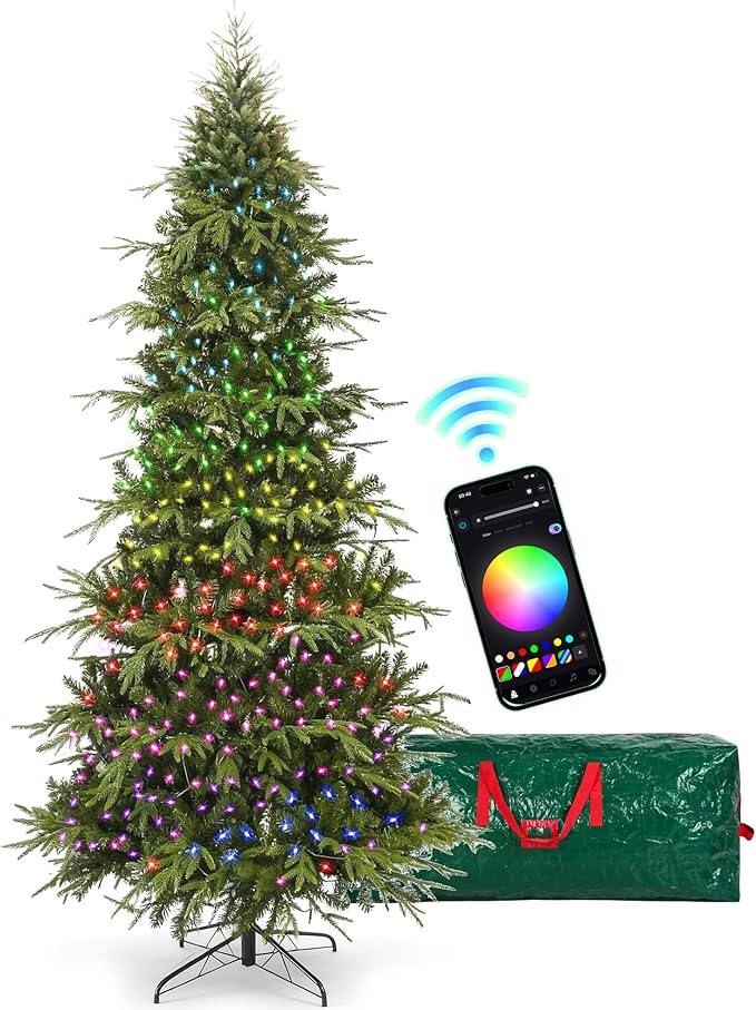 HOLLO STAR 9 ft Prelit Pencil Christmas Tree with 600 LED Lights, App Control, Aspen Artificial Christmas Tree, Multi-Color RGBW Lights, 2519 PE & PVC Branch Tips, Skinny Xmas Tree, for Home, Party