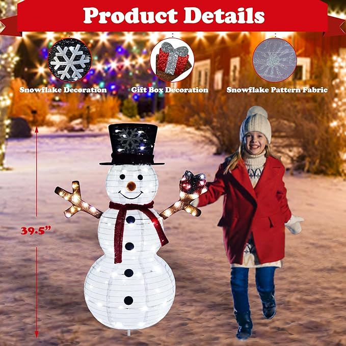 Outdoor Snowman Lighted, Pop-Up Snowman Outdoor Yard Christmas Decorations Prelit 100 Lights, Collapsible Lighted Snowmen Wears Red Scarf and Holds Light Up Gift Box for Home Porch Yard Décor-Red