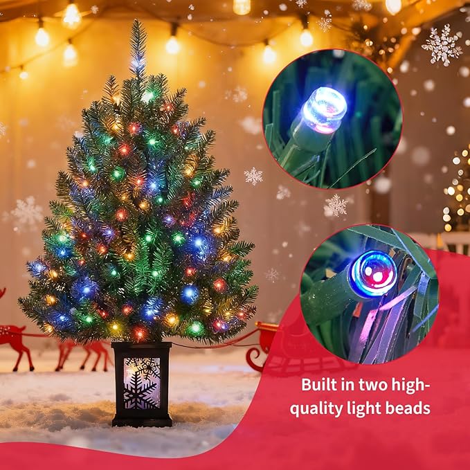 3FT Small Christmas Tree, Artificial Christmas Tree with 100 Lights & Lighting Base, Prelit Mini Tree for Christmas Decor,Tabletop Christmas Tree, 10 Modes Lighting Control, Timer Operated Operated