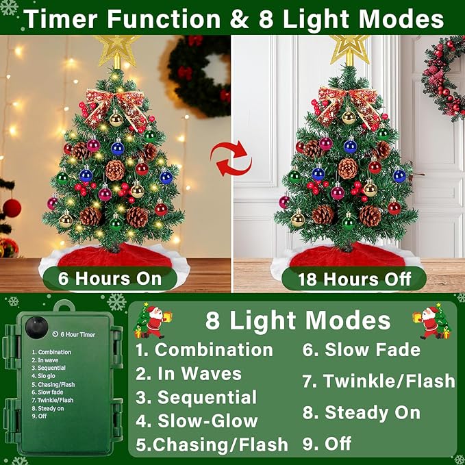 24 Inch Small Tabletop Christmas Tree with Tree Skirt, Christmas Pine Tree with 50 LED Lights, Star Treetop and Ornaments, Artificial Mini Christmas Tree Home Table Christmas Decorations