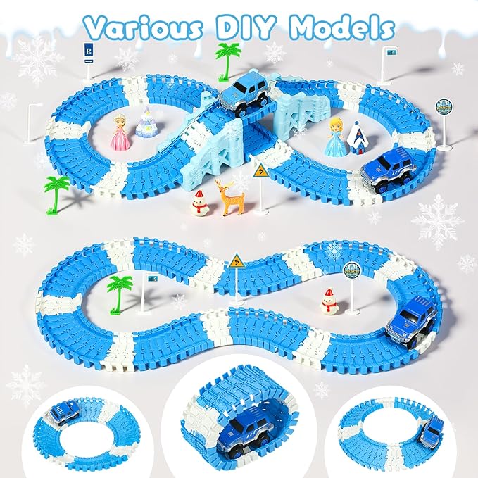 Frozen Race Track Toys for Girls Ages 3-8, 224 PCS Princess Castle Car Toys with Magic Bendable, 2 Monster Truck, Flexible DIY Track Set, Christmas Birthday Gifts for 3 4 5 6 7 8 Year Olds Toddler Kid
