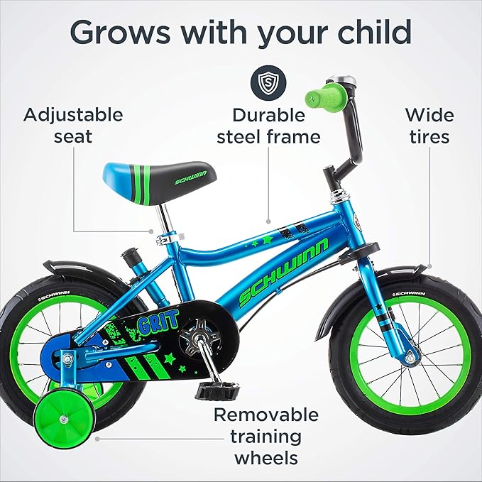 Schwinn Grit and Petunia Push Steer and Ride Kids Bike, For Boys & Girls Ages 2-4 Year Old, Rider Height 28-38 Inch,12-Inch Wheels, Training Wheels, Detachable Push Handle with Water Bottle & Holder