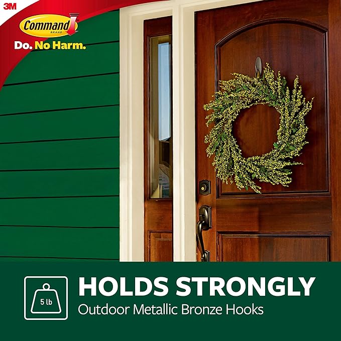Command Outdoor Large Bronze Hooks, Holds up to 5 lb, 3 Hooks and 4 Command Strips, Damage-Free Hanging Wall Hooks for Hanging Christmas Decorations with Weather Resistant Strips