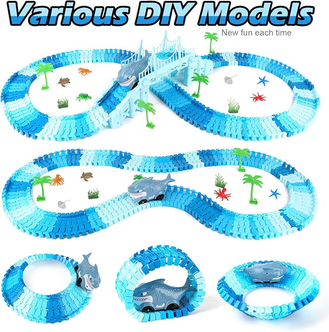 264 PCS Shark Race Tracks for Kids Toys, Glow in The Dark Magic Toy Set, 2 Shark Cars Track, Flexible DIY Track Set, Birthday Gift for Age 3-9 Boys Toddler Girls
