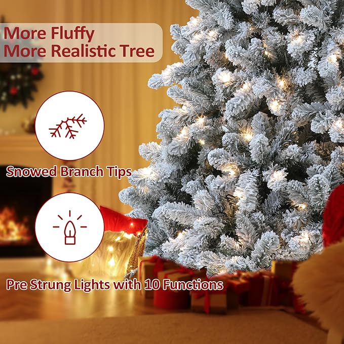 Flocked Christmas Tree Prelit, 7.5 ft Prelit Christmas Tree with 10 Function Warm & Colorful Lights, Easy Assembly Artificial Tree with Realistic Branch Tips