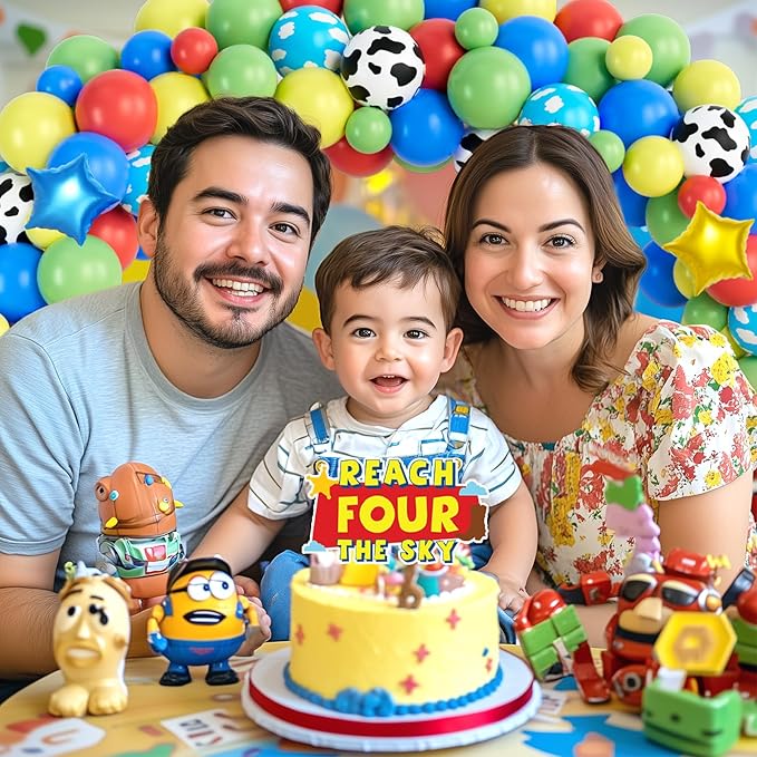 111 PCs Cartoon Toy 4th Party Decorations, Toy Themed Inspired Story Fourth Reach Four The Sky Birthday Decorations Backdrop Balloon Garland Arch Banner Tablecloth Cake Topper Blue