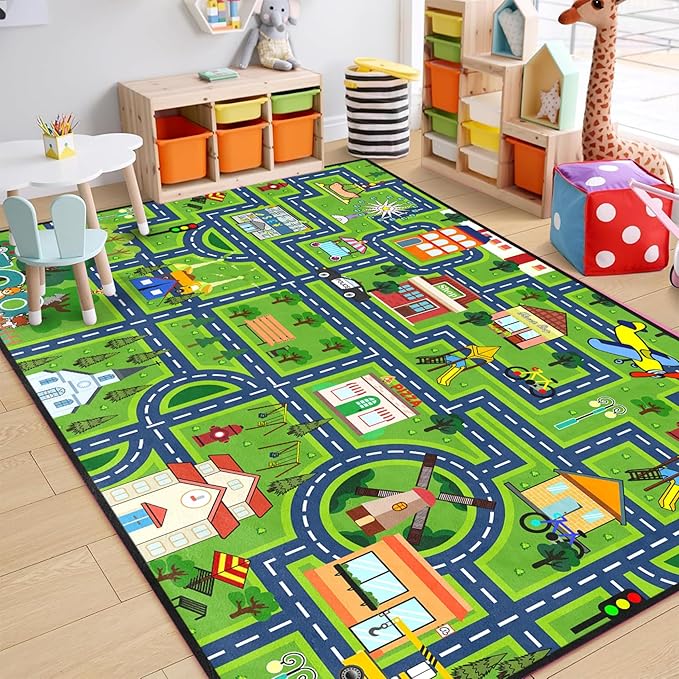 Car Rugs for Kids - Car Track Carpet for Boys Road Rug for Bedroom Road Map Carpet for Kids Toy Play Mat Farm, 3x5 Feet