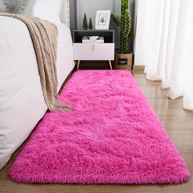 Ompaa Fluffy Runner Rugs, 2x4 Feet Hot Pink, Super Soft Shaggy Carpet Fuzzy Long Fur Rug for Bedroom Living Room Dorm, Plush Kids Playroom Baby Girls Nursery Decor Mats