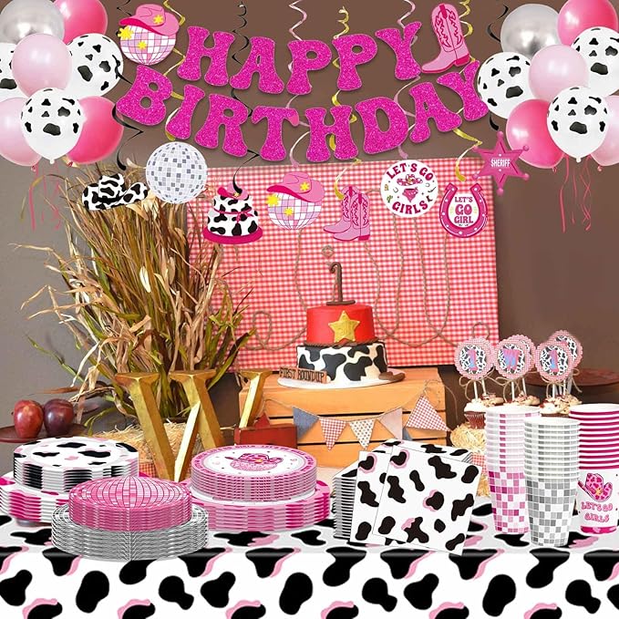 158 PCS Cowgirl Birthday Party Decorations Disco Cowgirl Party Supplies - Includes Plates, Napkins, Cups, Banner, Hanging Swirl, Tablecloth, Balloon for Western Cowgirl Party Decorations, Serve 30