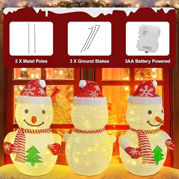 Lighted Pop-up Christmas Snowman Decorations, 27 Inch 3D Snowman with 45 LED Warm White Lights, Battery Powered Collapsible Prelit Snowman for Indoor Outdoor Christmas Garden Yard Xmas Decor, Timer