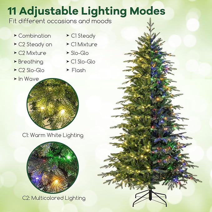 Goplus 7.5ft Pre-Lit Artificial Christmas Tree, Hinged Xmas Tree with 1162 PVC & PE Tips, 380 Multicolored & Warm White LED Lights, 11 Modes, Remote Control, Metal Stand, Home Office Decoration