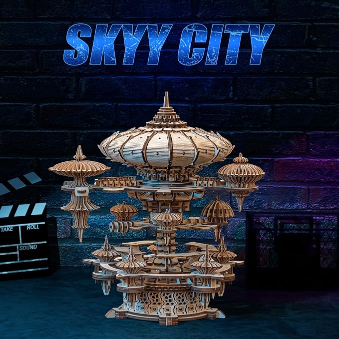 3D Wooden Puzzles for Adults, SkyCity Music Box Model Kit, 600+ Pcs Cityscape Design, Challenging Mechanical DIY Craft, STEM Toy and Unique Gift for All Occasions