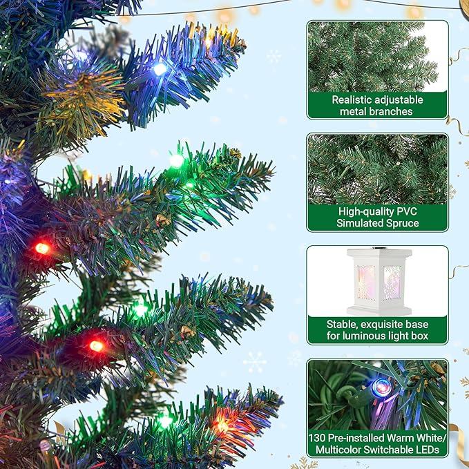 5FT Small Christmas Tree, Artificial Christmas Tree with 130 Colorful Lights & Lighting Base, Prelit Christmas Tree for Home & Office Xmas Decor with 10 Modes Lighting, Timer Operated Operated