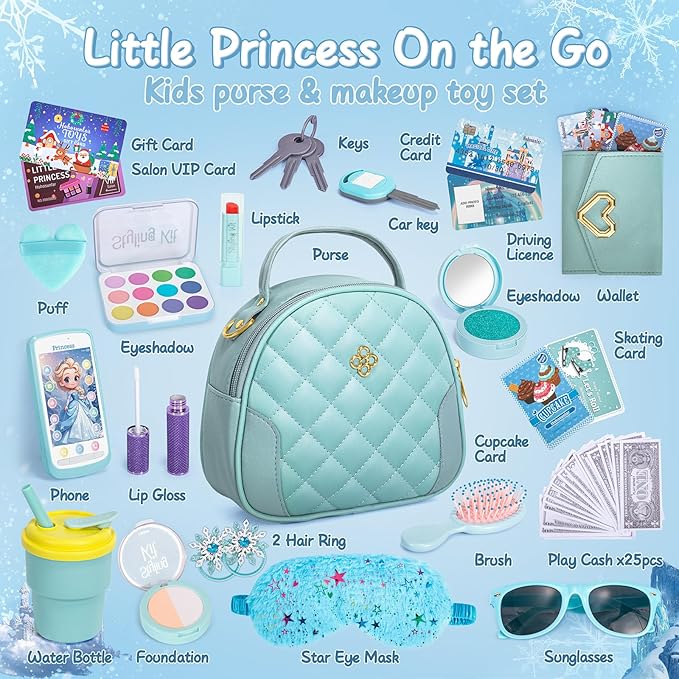 Play Purse for Little Girl, Princess Frozen Toy Purse with Accessories, Pretend Makeup Set, Handbag, Wallet, Water Bottle, Birthday Toy for Girl 3 4 5 6 7 8 Year Old
