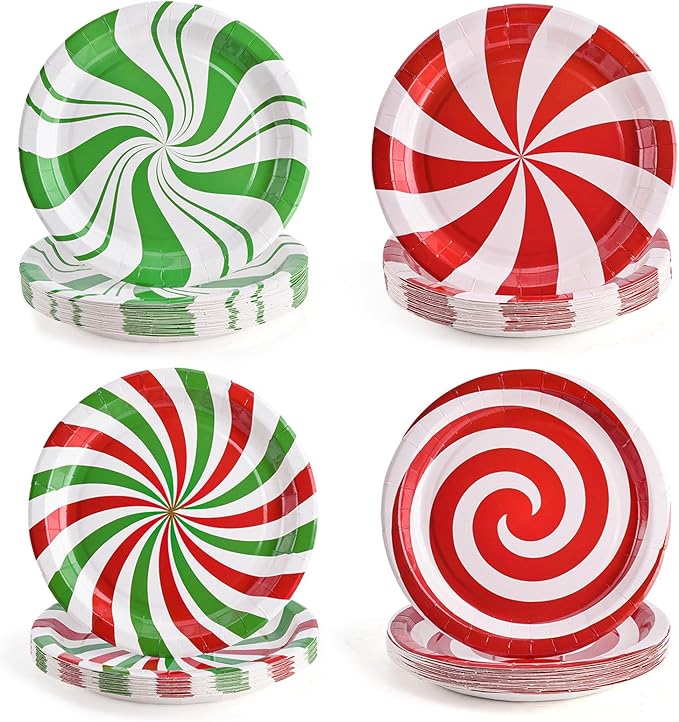 100 Pack Christmas Candy Paper Plates Peppermint Disposable Dinner Plates 9 Inch Red Green Holiday Serving Plates for Christmas Party Supplies Tableware Decoration
