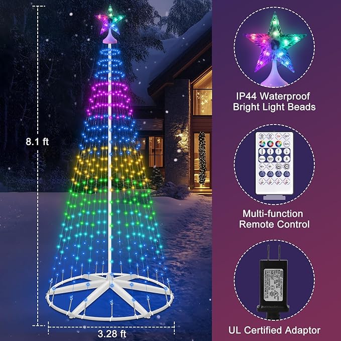 Smart Lighted Christmas Tree, 8FT 388 LED Prelit Cone Tree Lights with Music Sync, Remote & APP Control, Million Colors DIY Xmas Trees, RGB Christmas Light Show Tree for Indoor Outdoor Decorations