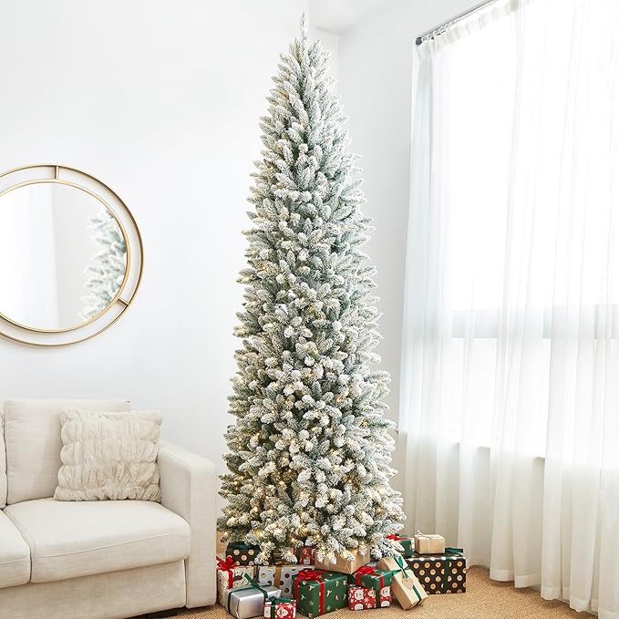 Glitzhome 9ft Prelit Christmas Tree, Snow Flocked Christmas Trees with 600 Warm White Lights, Pencil Christmas Tree Snowy Splendor Fir Artificial Tree w/1860 Branch Tips and Foldable Metal Stand