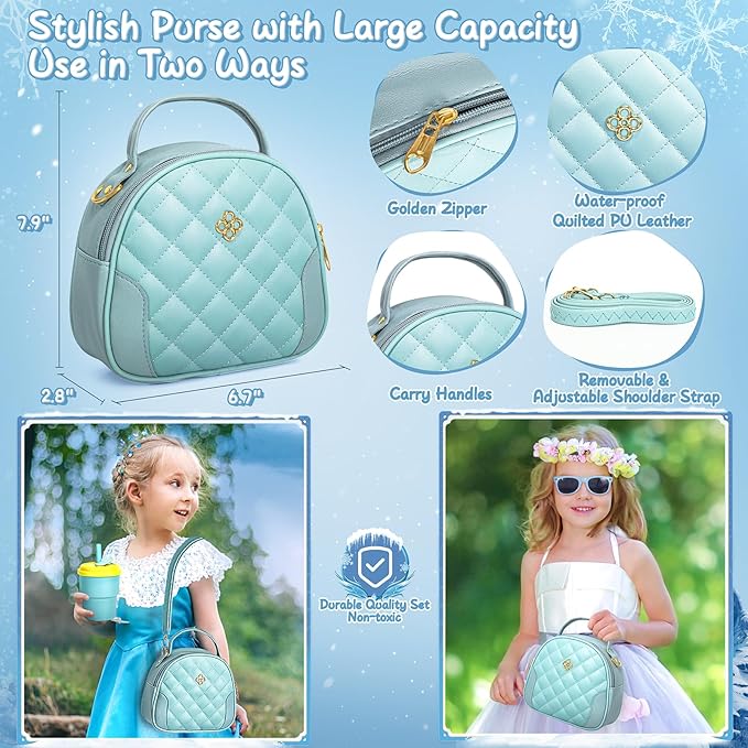 Play Purse for Little Girl, Princess Frozen Toy Purse with Accessories, Pretend Makeup Set, Handbag, Wallet, Water Bottle, Birthday Toy for Girl 3 4 5 6 7 8 Year Old